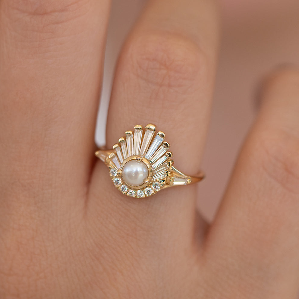 Diamond and Pearl Engagement Ring Baguette Diamond Shell