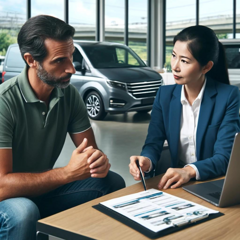 Man sitting down next to woman talking about part exchanging van