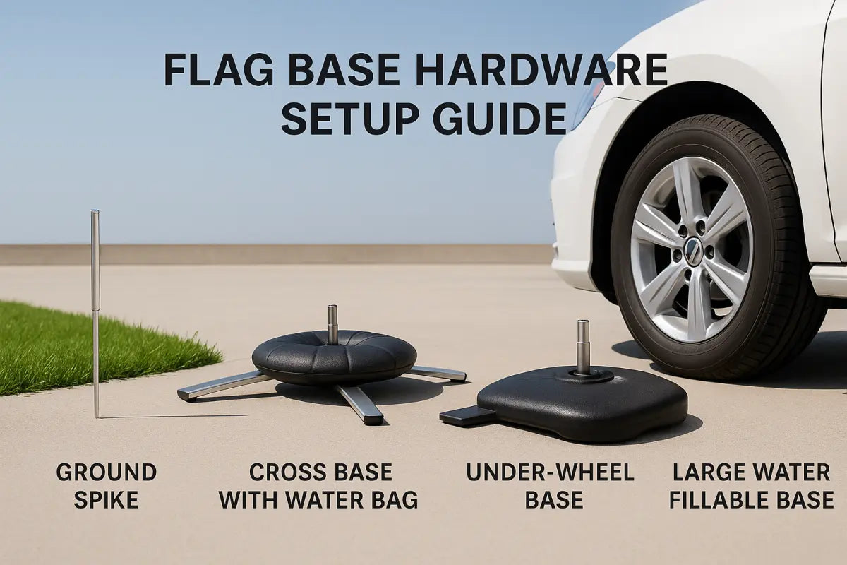Complete flag base hardware setup guide showing all mounting options for different surfaces