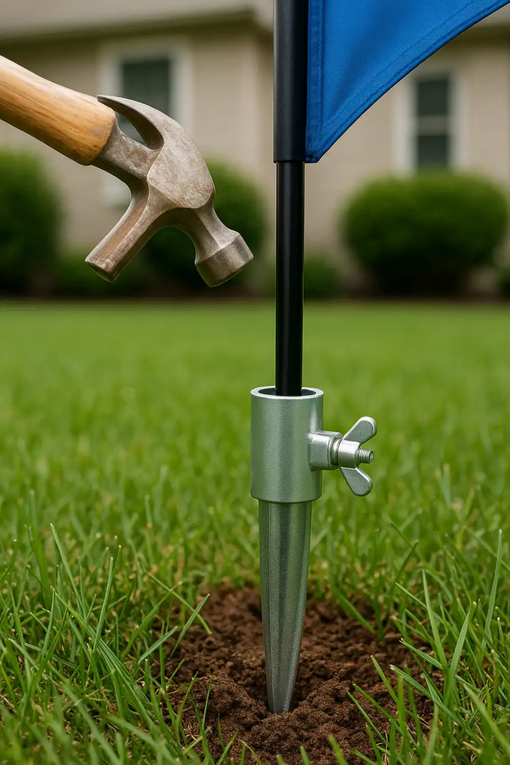 Ground spike flag base hammered into grass lawn for stable outdoor advertising display