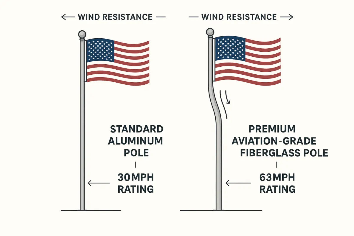 Comparison of premium aviation-grade fiberglass pole versus standard pole for wind resistance up to 63mph