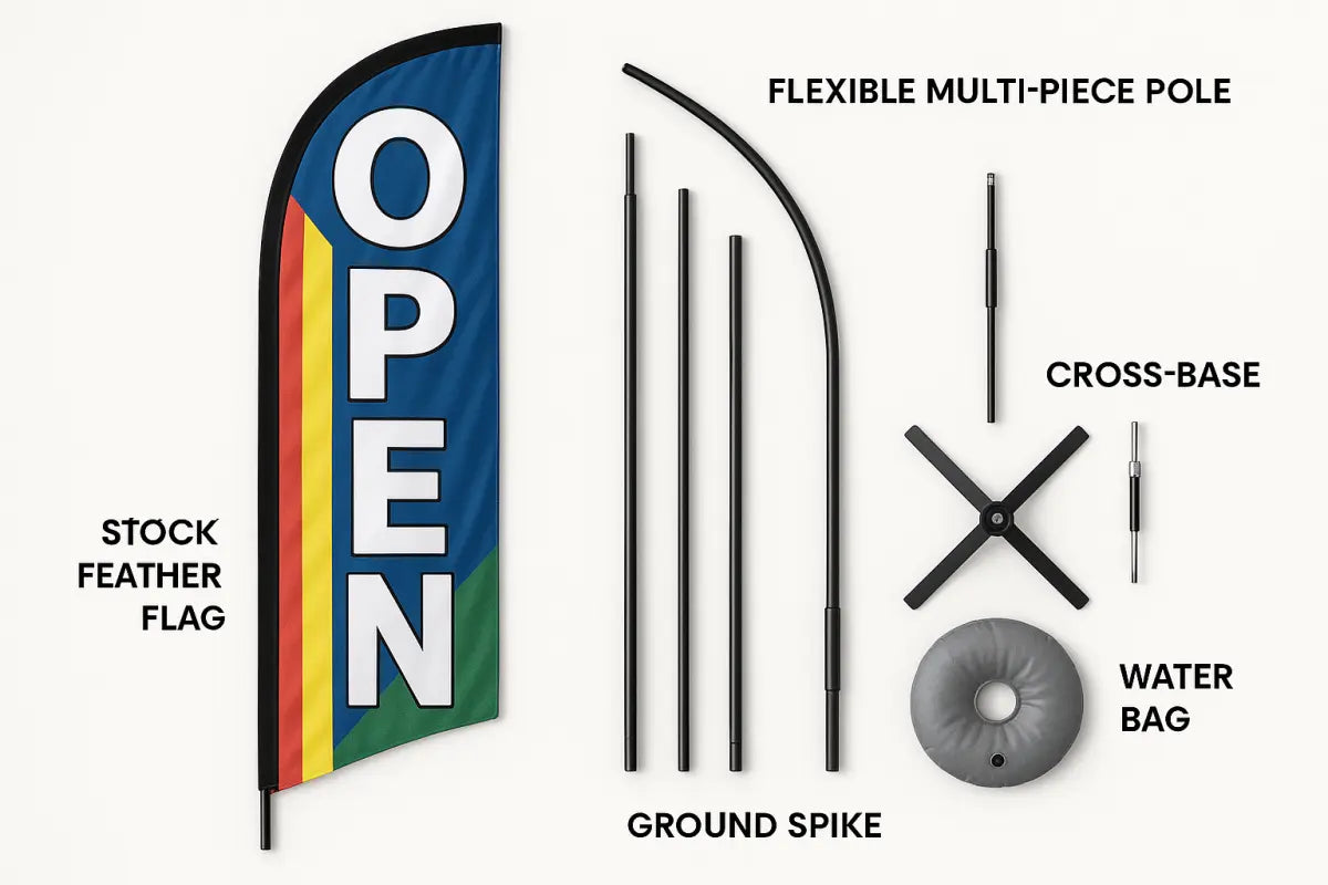 Complete stock feather flag kit with pole and base setup for business advertising installation