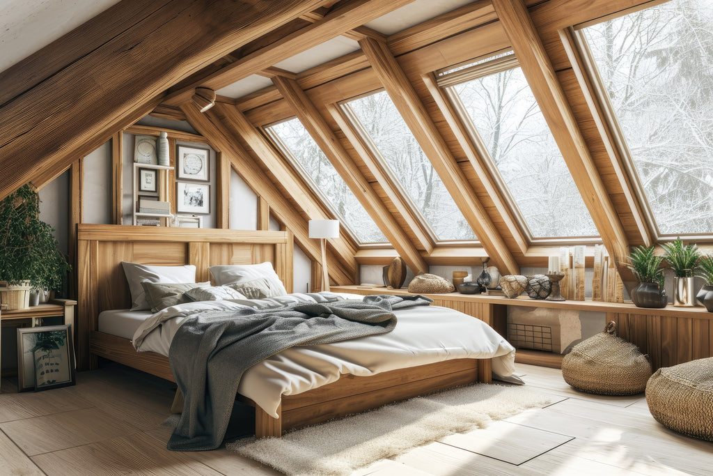 Interior of a cute small attic bedroom with cozy minimal mix Scandinavian style.