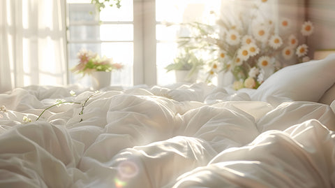 Bed sheets with ray of light and daisy flowers in the back