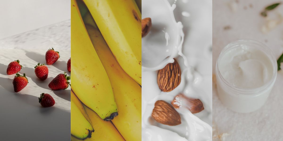 ingredients of the banana-strawberry smoothie: strawberry, banana, almond milk and greek yoghurt