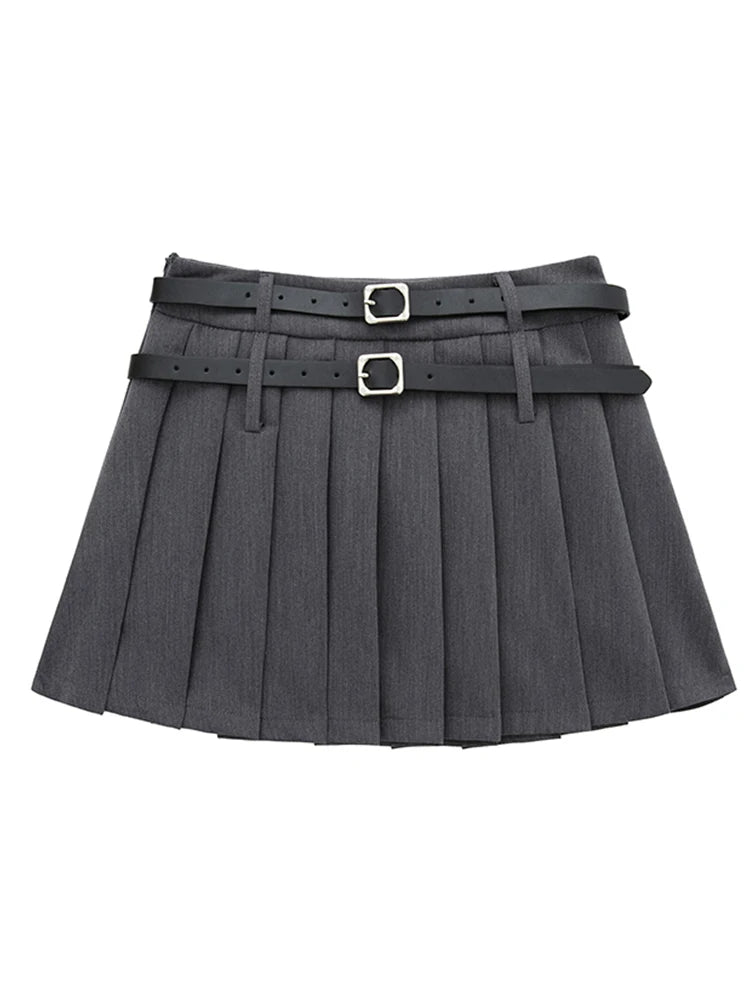 Double Buckle Pleated Mini Skirt