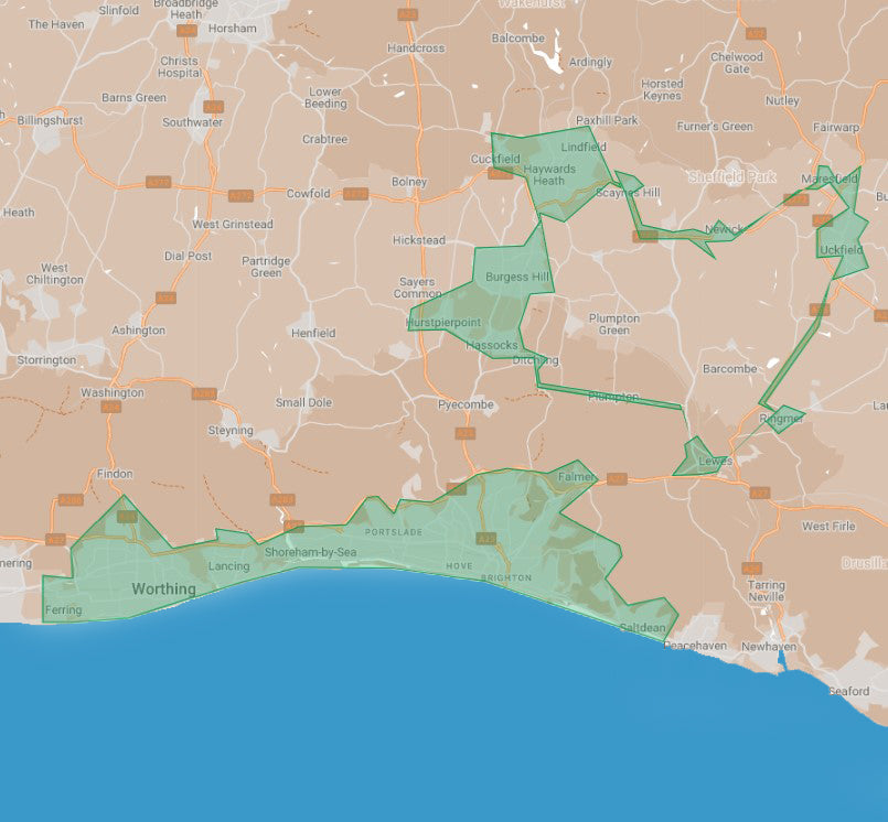 Delivery zone map for Majahma food deliveries, across, Brighton, Hove and Sussex.