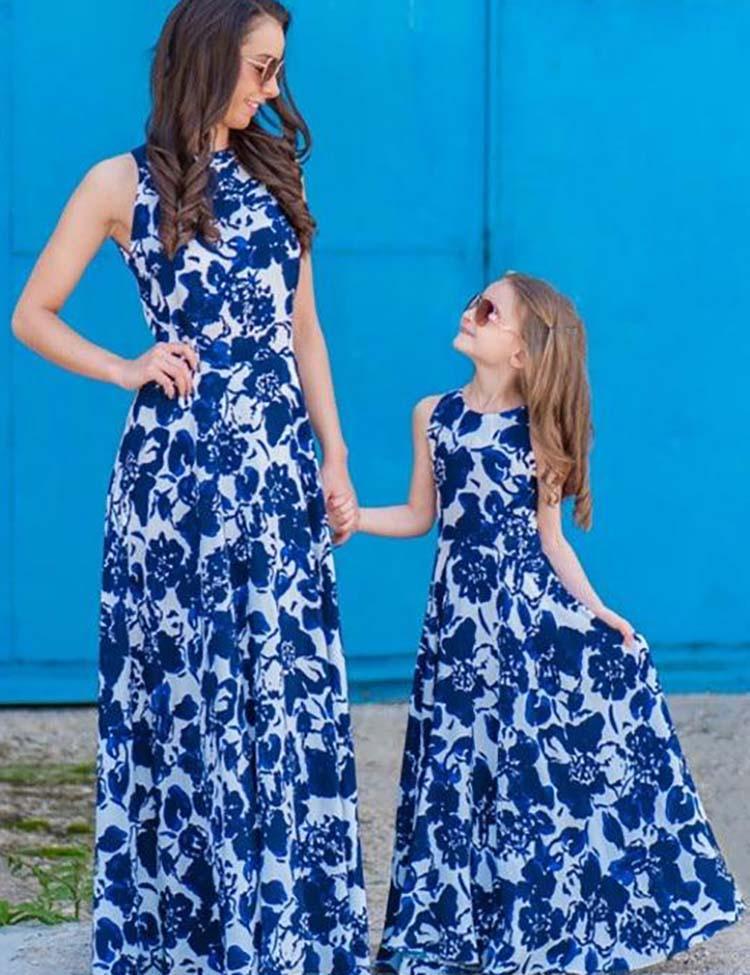 2Pcs Family Matching Porcelain Printed Long High Waist Sleeveless Dress For Mommy & Me