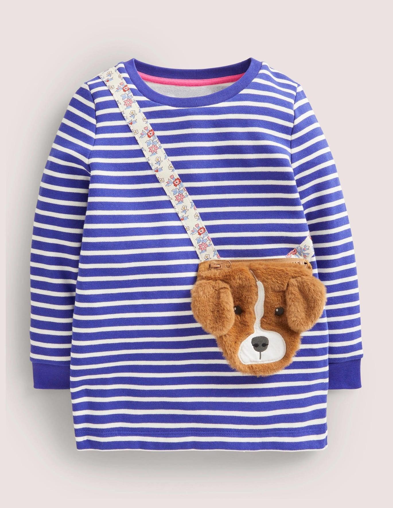 Toddler Girl Bear Patch Tunic Long Sleeves Stripe Dress