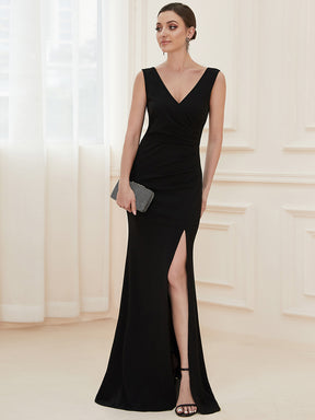 Color=Black | Front High Slit V-Neck Wrap Waist Knit Evening Dress-Black 1