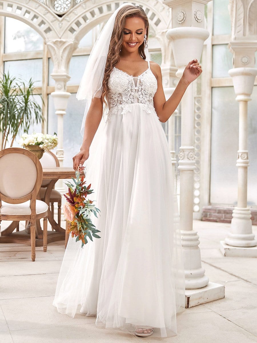 Color=Cream | Tulle A-Line Spaghetti Strap Sheer Simple Wedding Dress-Cream 5
