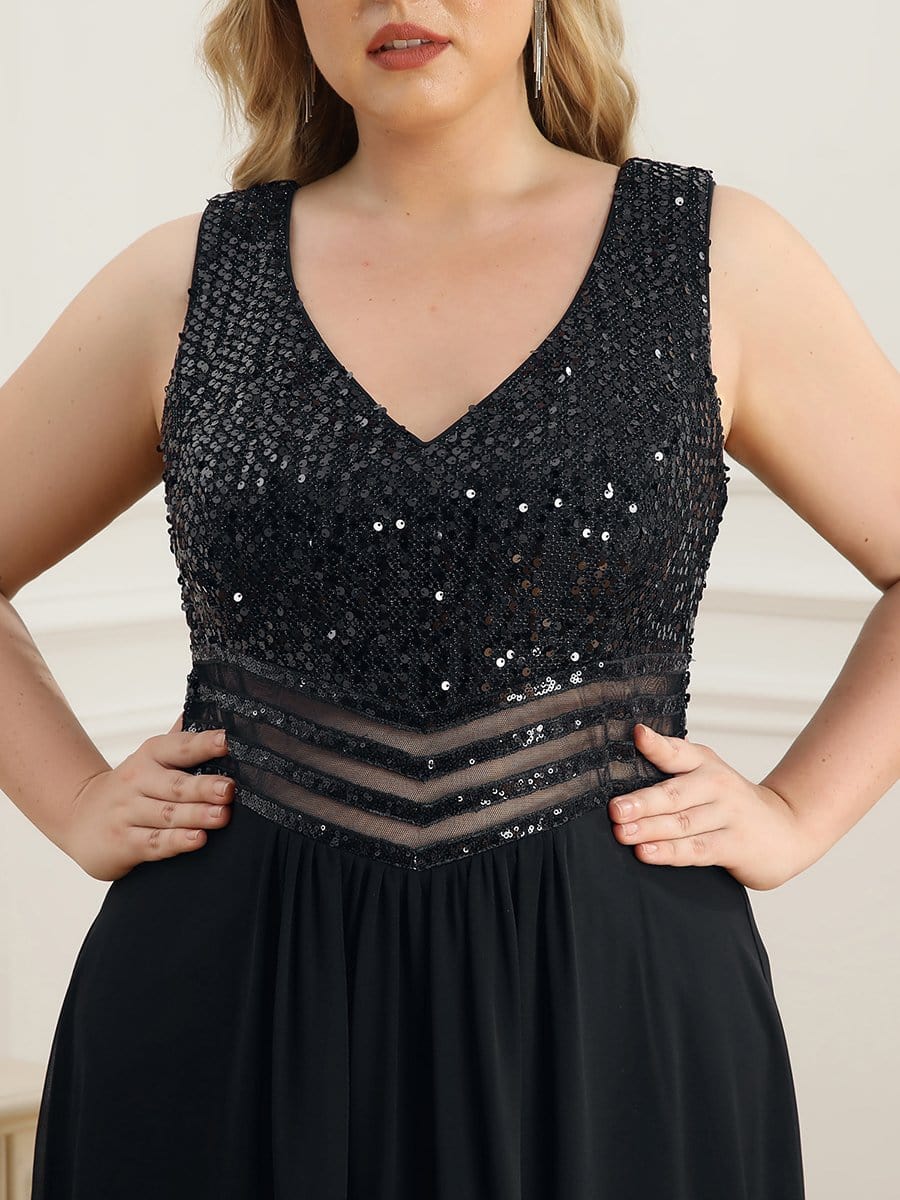 Color=Black | Elegant Paillette & Chiffon V-Neck A-Line Sleeveless Plus Size Evening Dresses-Black 3