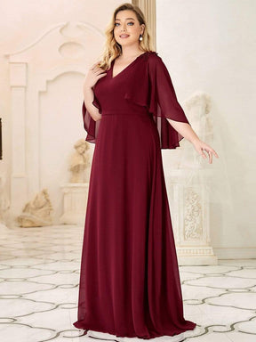 Color=Burgundy | Women'S Plus Size Floor Length Bridesmaid Dresses With Wraps-Burgundy 3
