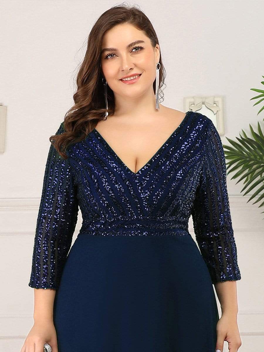 Color=Navy Blue | Plus Size Sexy V Neck A-Line Sequin Evening Dress-Navy Blue 5