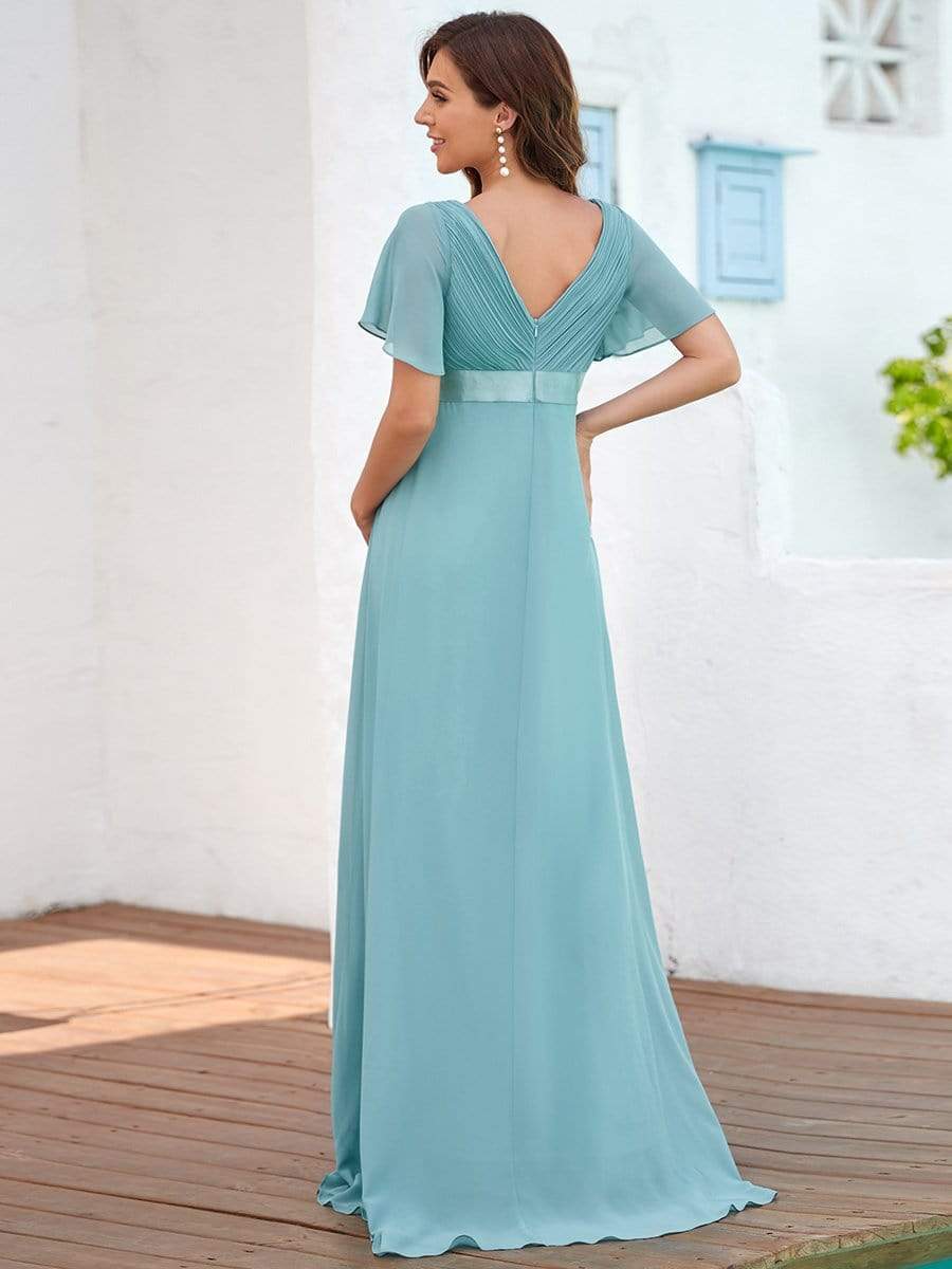 Color=Dusty Blue | Ruffle Sleeve Floor-Length Formal Maternity Dress-Dusty Blue 2