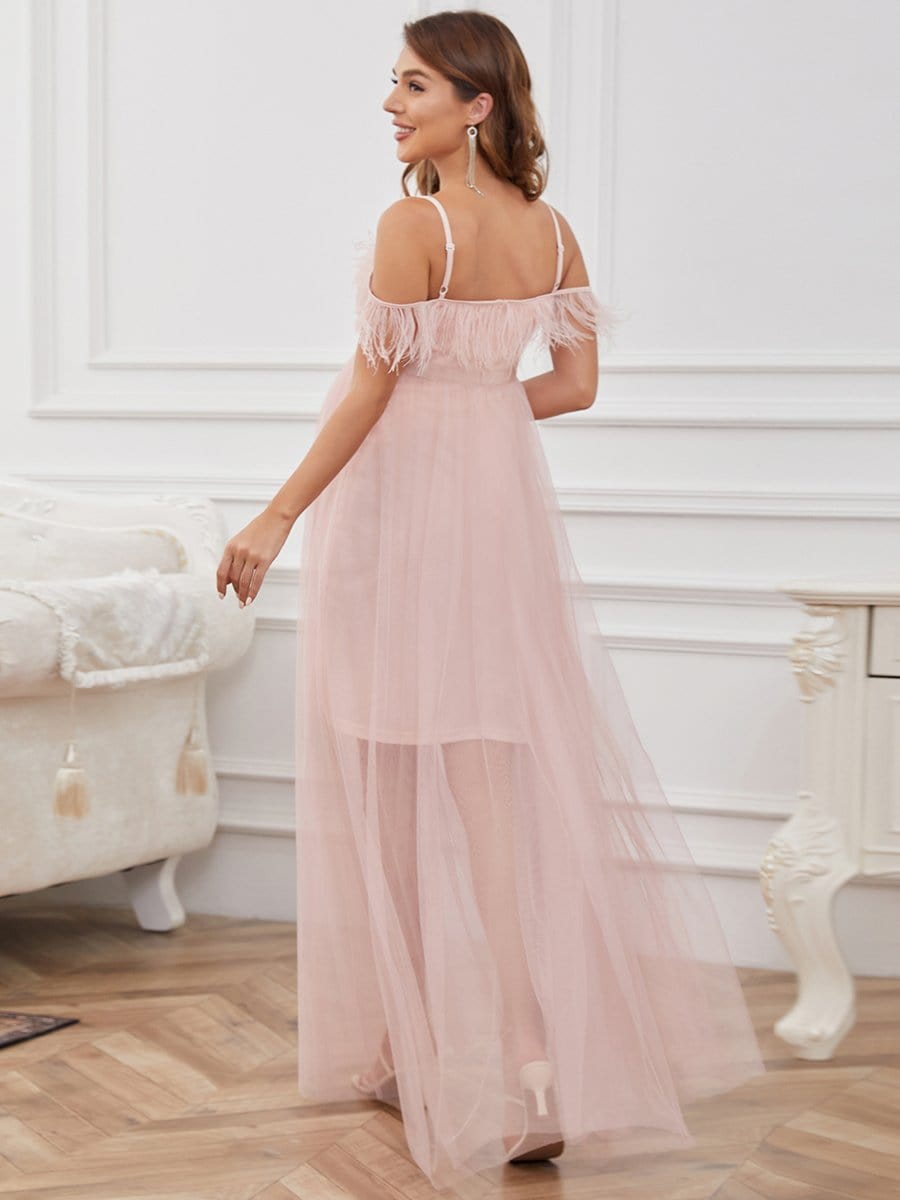 Color=Pink | Feather Trim Cold Shoulder Double Skirt Maternity Dress-Pink 2