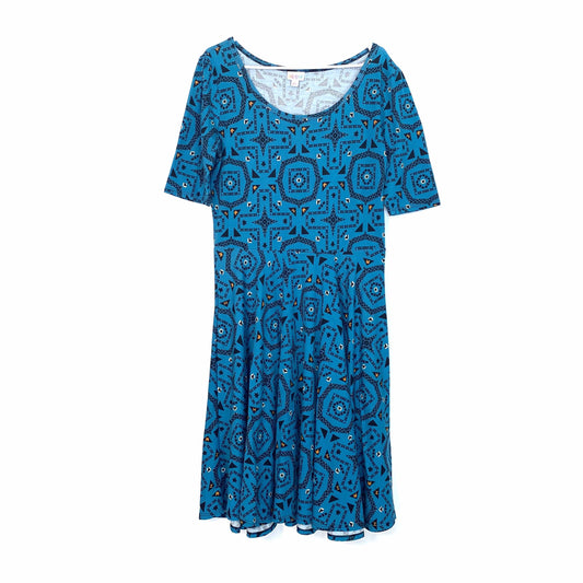 LuLaRoe Womens Nicole Navy & Tan Print Short Sleeve A-Line Dress Size –  Parsimony Shoppes