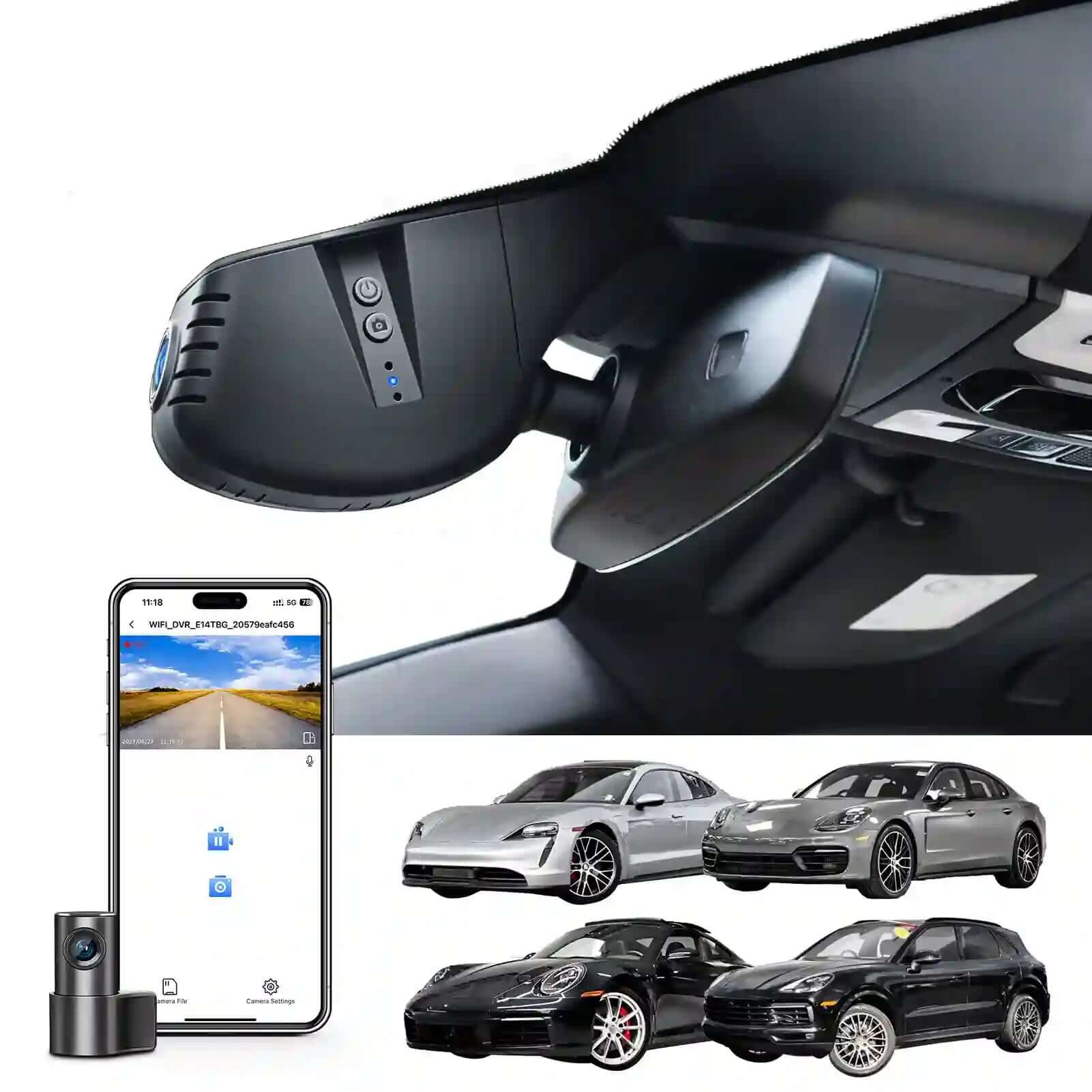 Front 4K & Rear 1080p Dash Cam Custom fit for Porsche Cayenne(E3) 2019-2024, 911(992) 2020-2024, Panamera(971) 2017-2024, Taycan 2020-2024(Model A), UHD 2160P Video, WiFi, App, 128GB Card