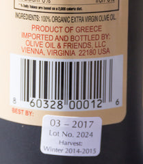 A Spartan Oil label clearly identifies the harvest and location of production.
