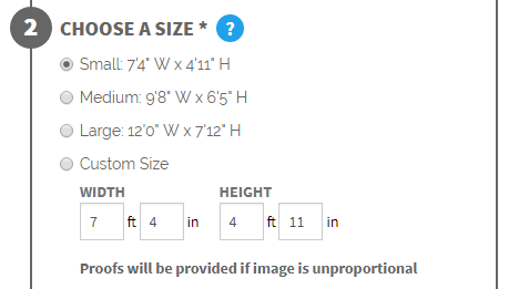 sizing chart on limitless walls website showing small, medium, large, and custom size options