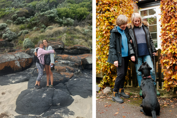 Charlie and her mum Lisa (left), Lisa and her friend Sue modelling for Merry People! (right)