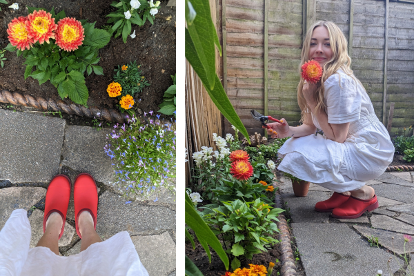 Ellen Merchant in her garden wearing Billie Clogs