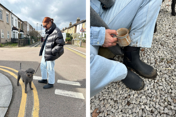 Lulu taking Bob her dog for a walk (left) and a downwards angle photo of Lulu's boots and a pottery mug