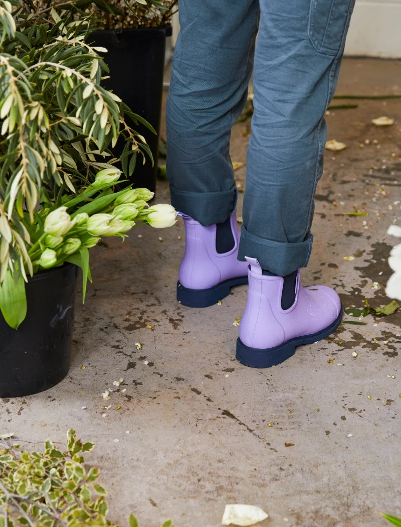 lavender boots at the workplace