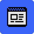 Icon of a pixelated browser window with a blog post against a violet/blue rounded square