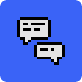 Icon of pixelated conversation bubbles against a violet/blue rounded square