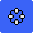 Icon of a pixelated network of items against a violet/blue rounded square