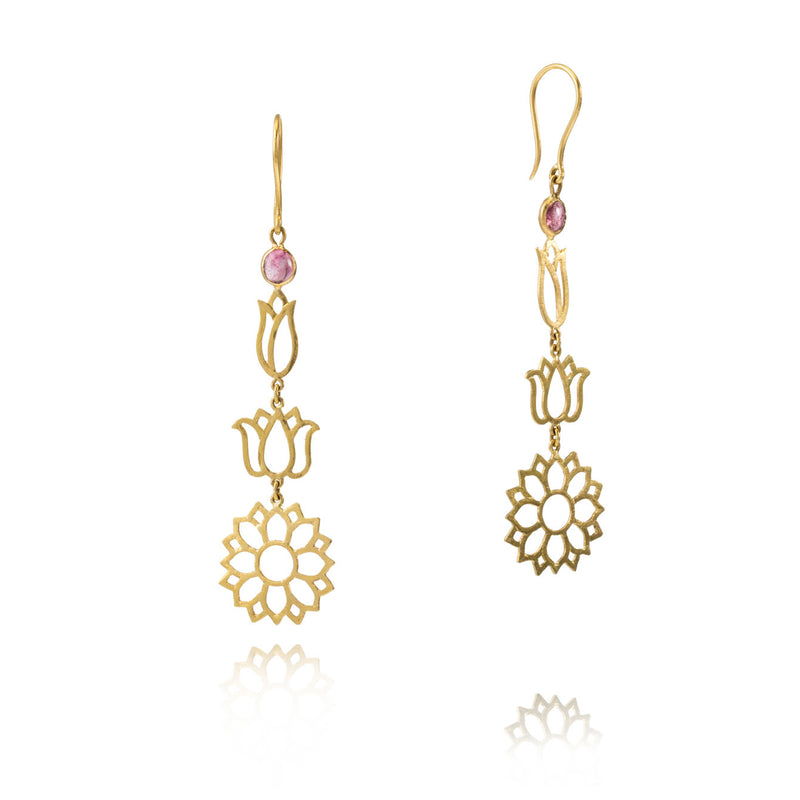 18kt Gold PSTM Myanmar Pink Tourmaline Long Lotus Earrings