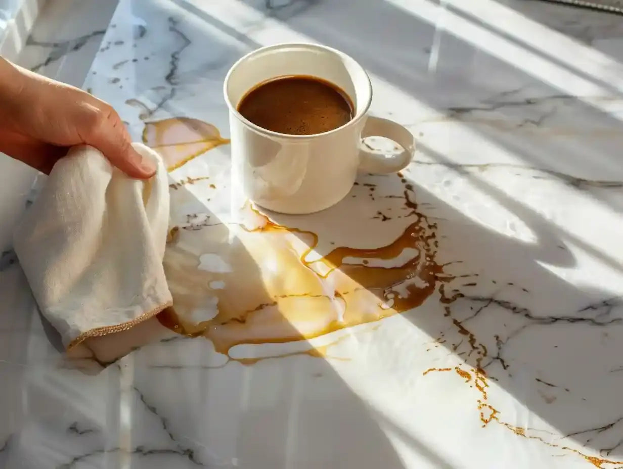 Hand using cloth to clean coffee spill on marble countertop.
