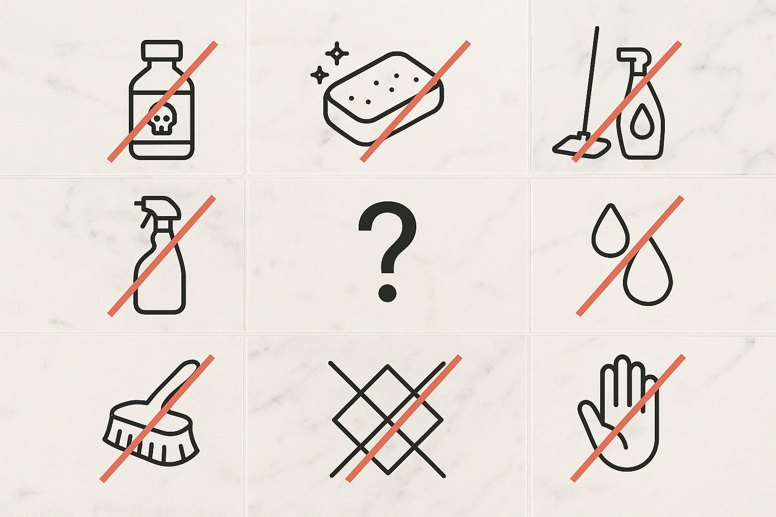Icons showing what not to use on marble with red strikeouts.
