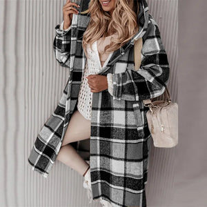 Advbridge Autumn Vintage Warm Long Sleeve Wool Coats Lady Fashion Pockets Midi Jackets Winter Thickness Women Hooded Plaid Windbreaker - advbridge
