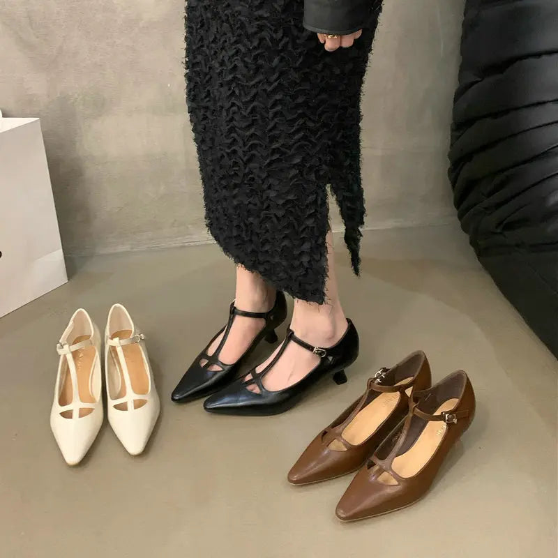 Advbridge New Retro Style Pumps Shallow Mouth Single Shoe Pointed Thin Heel Buckle Mary Jane Shoes