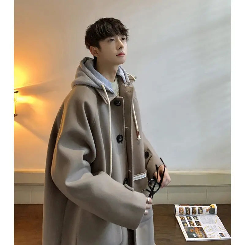 Advbridge Autumn Winter Fashion Men's Woolen Coats Hooded Solid Single Breasted Lapel Long Coat Thick Jacket Casual Overcoat