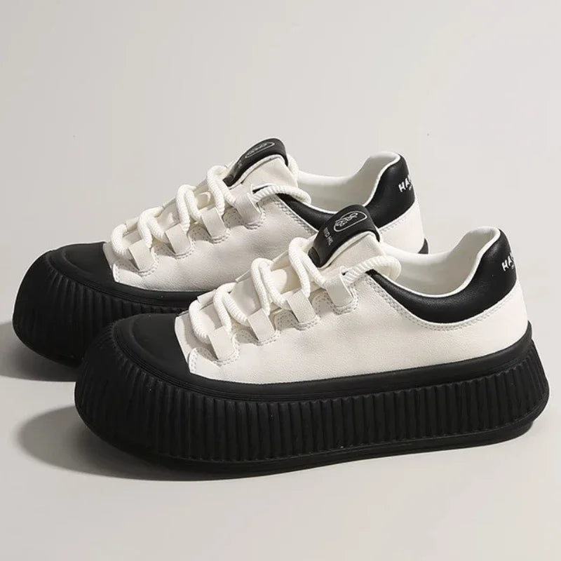 Advbridge New Shallow Mouth Soft Leather Doll Head Women Cute Sports Shoes Round Head Fashion Platform Leisure Sports Low Top Board Shoes