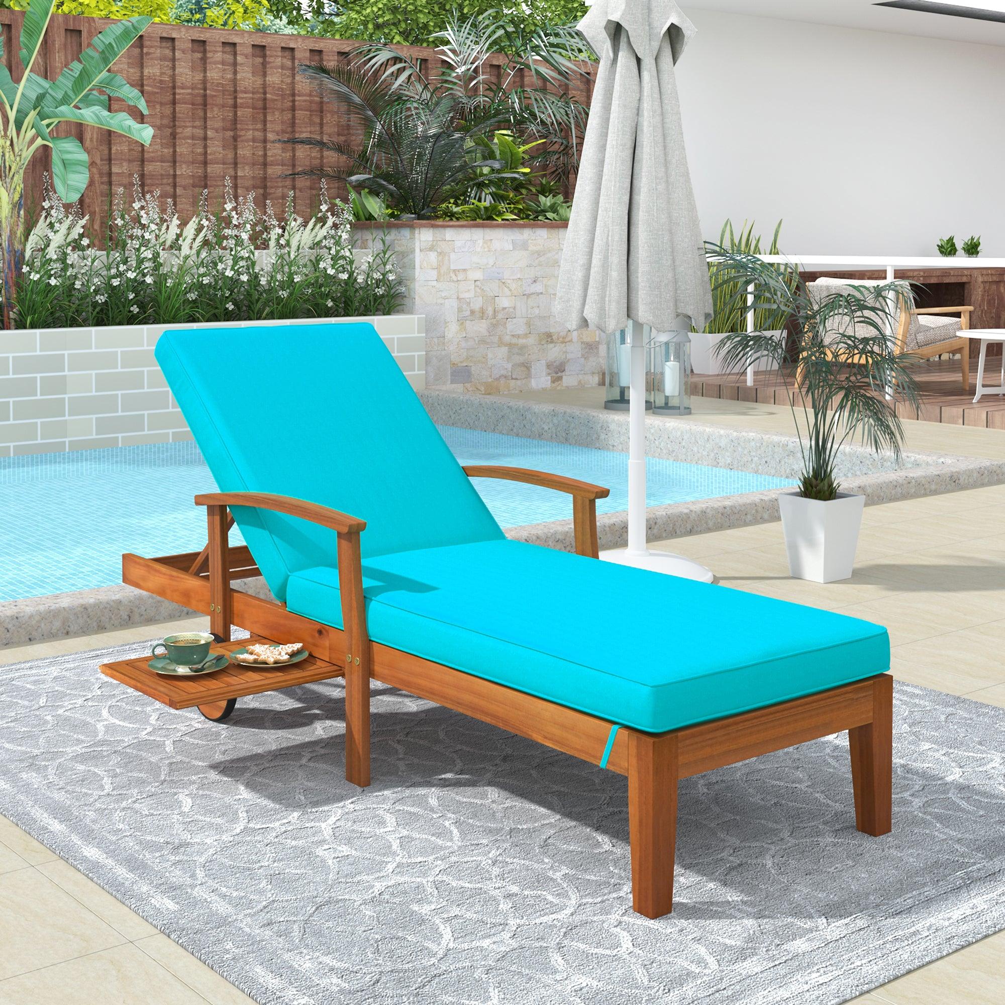 78.8" Outdoor Patio Solid Wood Chaise Lounge Reclining Daybed with Blue Cushion, Wheels and Sliding Cup Table