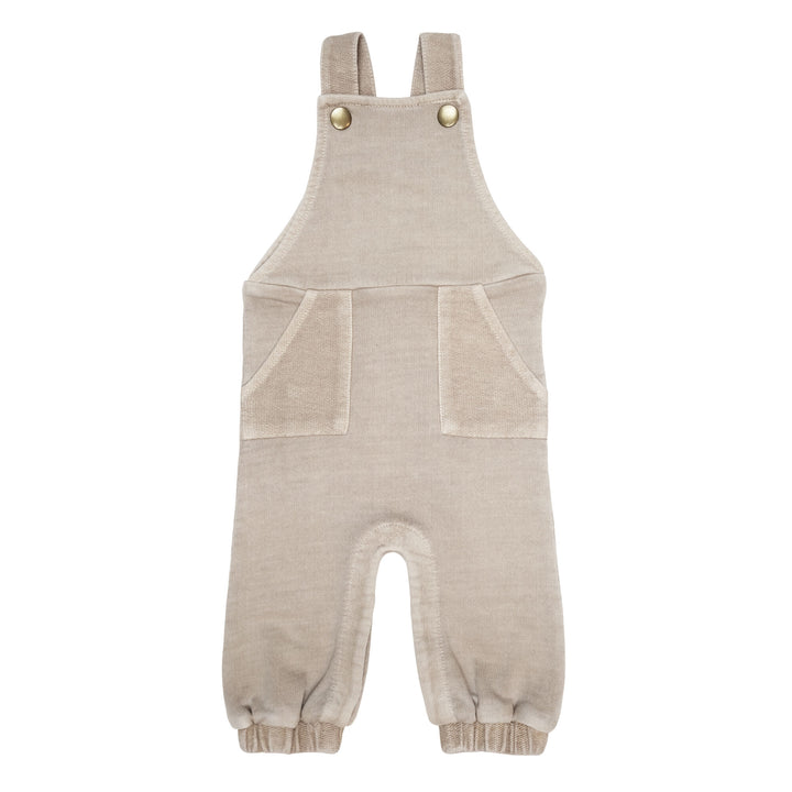 French Terry Overall Romper in Oatmeal, a light tan color.