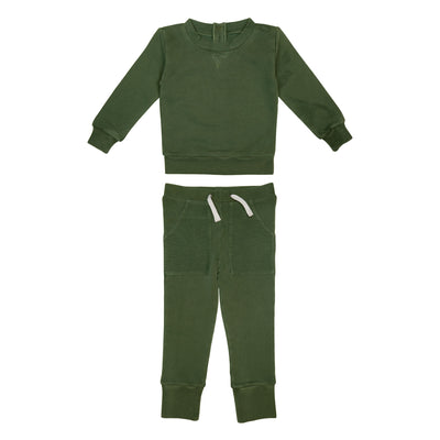 Kids' French Terry Sweatshirt & Jogger Set in Forest, a deep green color.