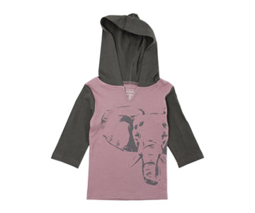 Organic Hoodie in Lavender Elephant, a light purple fabric with gray elephant print.