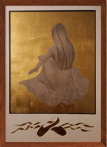 Drawing of a ballerina sitting, surrounded by gold leaf
