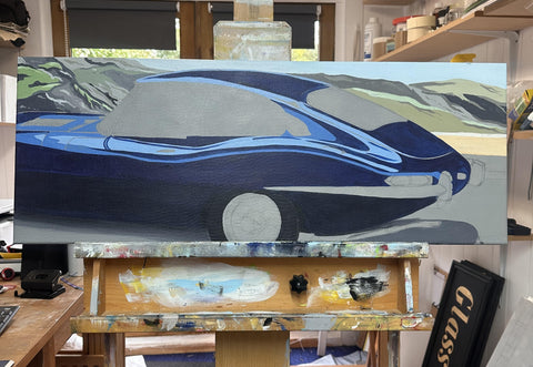 Blue Jaguar E-Type painting on easel