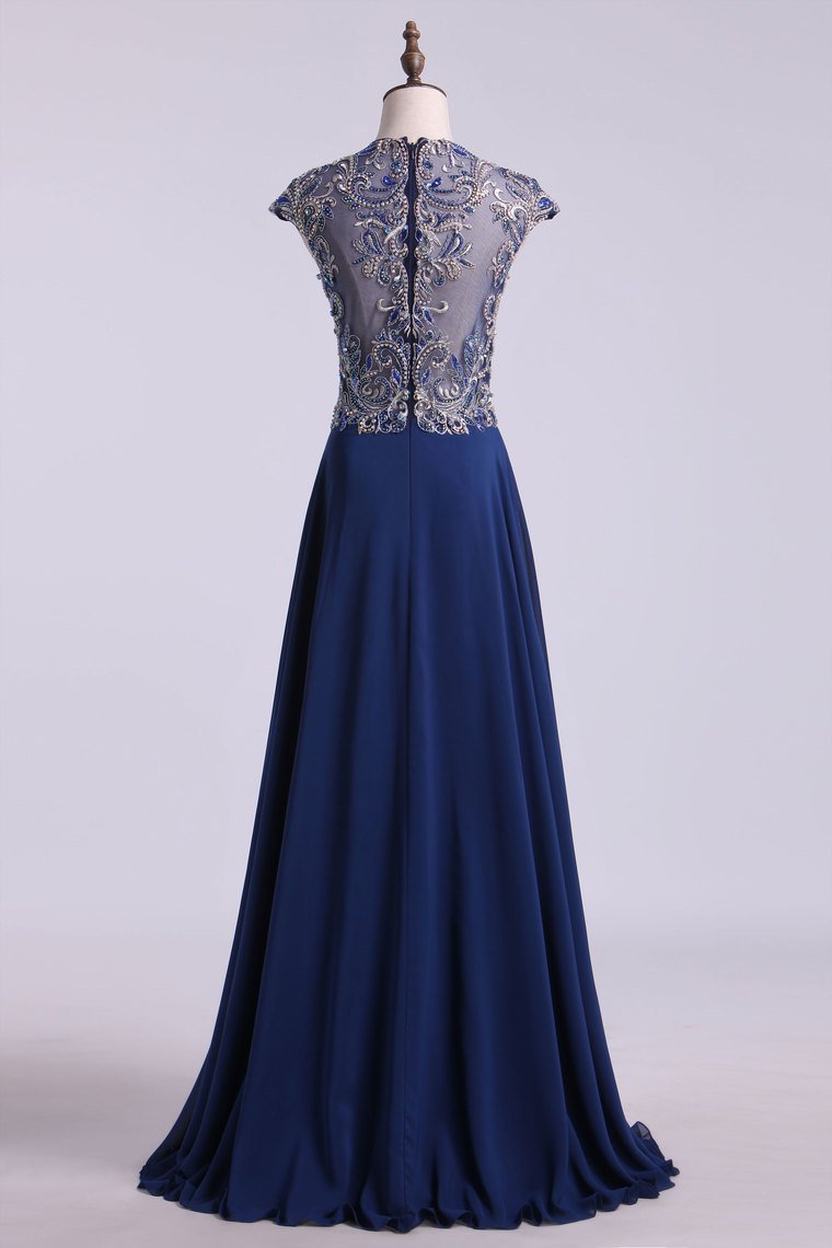 High Neck A-Line Prom Dresses Chiffon Embellished Tulle Bodice With Beads & Embroidery