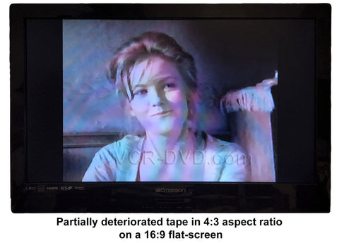 Partially deteriorated VCR tape in 4:3 on a 16:9 flat-screen HDTV