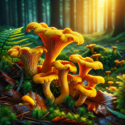 image showcasing the vibrant Chanterelle mushrooms in their natural forest habitat, highlighting their bright colors and unique, funnel-shaped bodies among the forest floor's leaf litter.