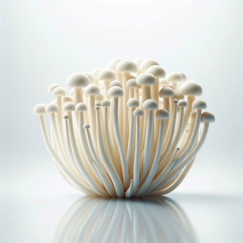 image showcasing Enoki mushrooms, highlighting their long, slender stems and small, white caps in a cluster, set against a dark background to emphasize their delicate appearance.