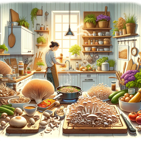 image illustrates various ways to incorporate Lion's Mane mushrooms into your diet, showcasing their versatility in a kitchen setting.