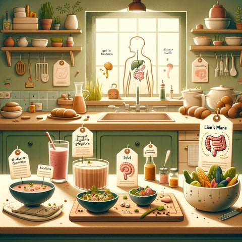 illustration that shows various ways to incorporate Lion's Mane mushrooms into your diet for digestive health, featuring a kitchen scene with dishes enriched by this beneficial ingredient